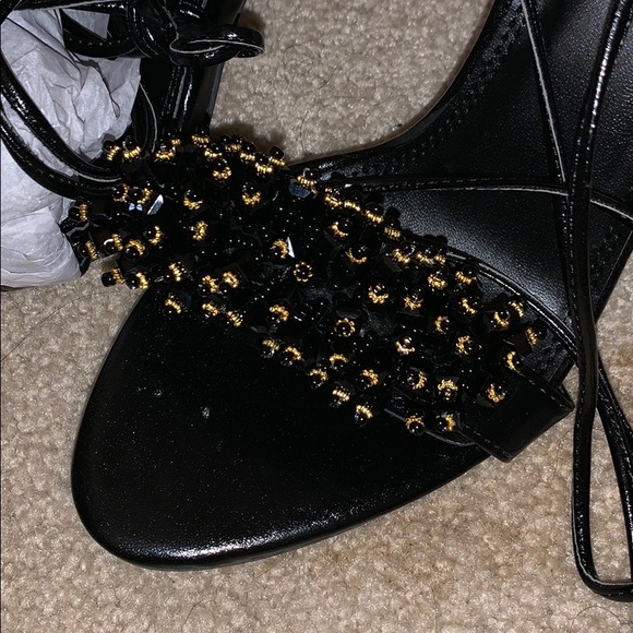 Beaded black and gold tie up heel, never worn. - Picture 2 of 5